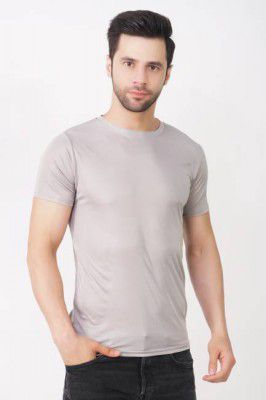 KASPY  Men Solid Round Neck Polyester Grey T-Shirt