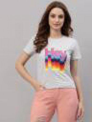 KASSUALLY  Women Typography Round Neck Pure Cotton Black T-Shirt