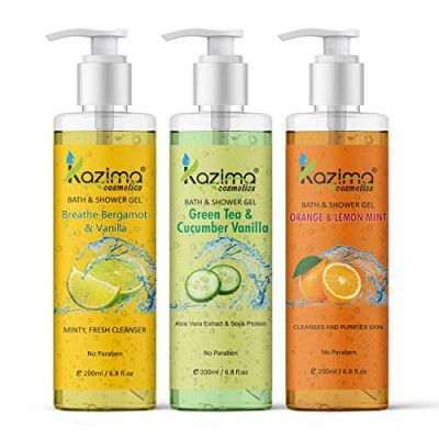 KAZIMA Breathe Bergamot & Vanilla Bath Gel + Green Tea & Cucumber Vanilla Shower Gel + Orange & Lemon Mint Shower Gel & Luxury Body Wash (3PCS of 200ml)