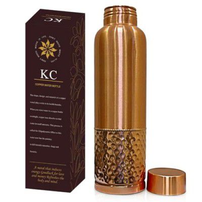 KC Pure Copper Designer Water Bottle with Leak Proof Protection, Ayurveda Health Benefits. (1000ml, 1Unit) with Hammered Design