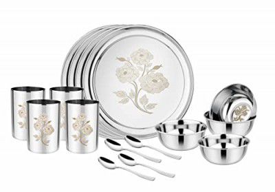 KC Stainless Steel Heavy Gauge Dinner Set | Kitchen Set for Home | Lazer Design | Shagun | Bartan (Laser 16 Pcs)