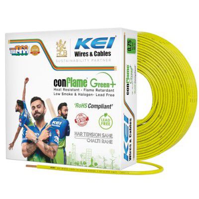 KEI CONFLAME GREEN PLUS 0.75 sqmm 1 Core Copper Heat Resistant Flame Retardant Low Smoke & Halogen - Lead Free House Wire for Domestic & Industrial Electrical Wiring (Yellow, 90 Meters)
