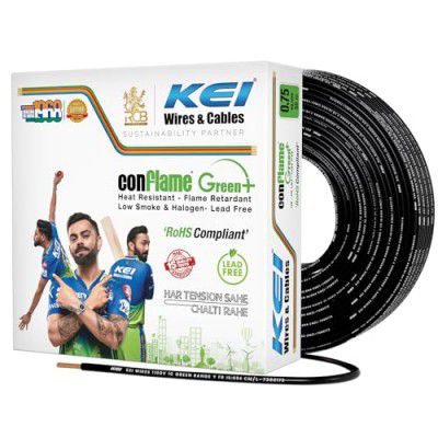 KEI CONFLAME GREEN PLUS 0.75 sqmm 1 Core Copper Heat Resistant Flame Retardant Low Smoke & Halogen - Lead Free House Wire for Domestic & Industrial Electrical Wiring (Black, 90 Meters)