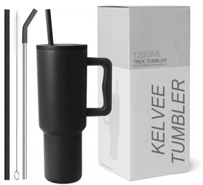 KELVEE 40oz Tumbler with Handle and Straw Lid Quencher h2.0 Flowstate Stainless Steel Insulated Travel Water Sipper Bottle Leakproof Mug (Black)
