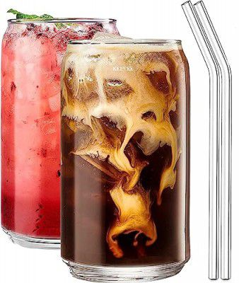 KELVEE Drinking Glasses with Glass Straw 2Pcs Set, 500ml Clear Can Shaped Glass Cups, Beer Glasses, Iced Coffee Glass, Cocktail Glass, Whiskey Glass, Unique Cute Glass Set Gift