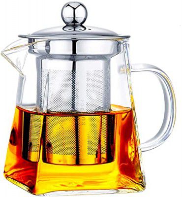 KELVEE Glass Kettle Teapot with Removable Infuser & Lid & Handle, Glass Tea Kettle Stovetop Safe, Great for Loose Leaf Tea, Blooming Tea, Tea Bags & Fruit Infused (Square- 750ml)