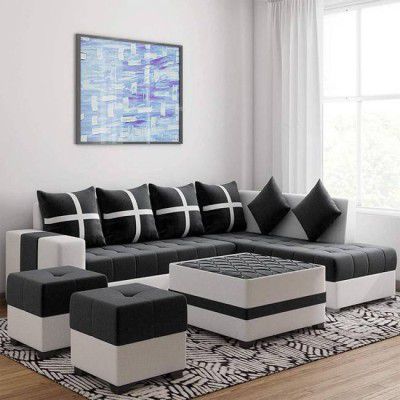 Kendalwood Furniture 8 Seater Sofa Set, 2 Ottoman, 6 pillow With Coffee Table Fabric 3 + 2 + 2 + 1 Sofa Set  (Black & White, Pre-assembled)