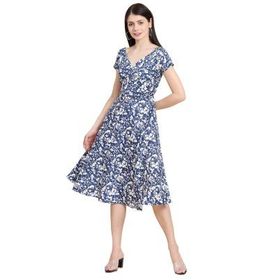 KERI PERRY Blue & White Polyester Botanical Print Fit & Flared Western Dress for Women | A line Dress | Summer Dress | Western Dress | Knee-Length Dress | Trendy Dress for Women's