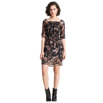 KERI PERRY Women's Black Georgette Paisley Print Straight Western Dress | Dress for Women | A line Dress | Winter Dress | Western Dress | Latest Women Dress | Trendy Dress | Midi Dress