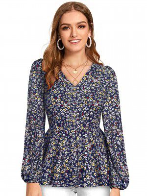 KERI PERRY Women's Dark Blue Imported Crepe Floral Print Peplum Western Top 