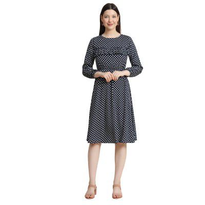 KERI PERRY Women's Dark Blue Muslin Polka Dot Flared Kurta