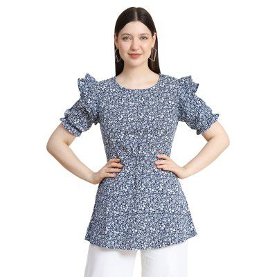 KERI PERRY Women's Indo-Western Polyester A-line Round Neck Printed Half Sleeve Regular Fit Top