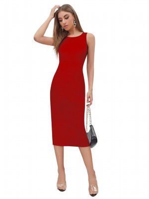 KERI PERRY Women's Red Lycra Solid Bodycon Western Dress | Dress for Women | A line Dress | Winter Dress | Western Dress | Latest Women Dress | Trendy Dress | Midi Dress