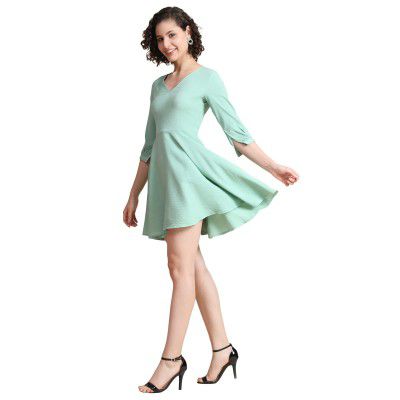 KERI PERRY Women's Sea Green Delta Solid Flared Western Dress
