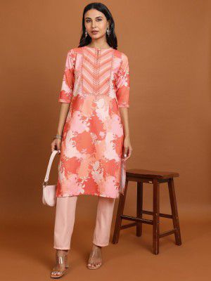 KETCHFloral Printed Keyhole Neck Straight Kurta