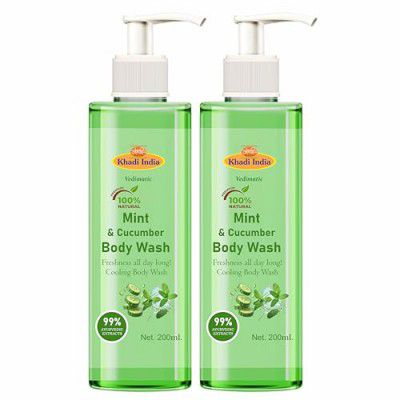Khadi 100% Pure Natural Herbal Body Wash, Mint & Cucumber Shower Gel, (PACK OF 2-400ml)