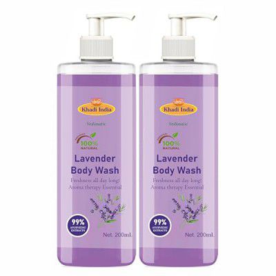 Khadi 100% Pure Natural Lavender Herbal Body Wash (PACK OF 2-400ml., Lavender)