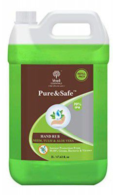 Khadi Essentials Pure&Safe Sanitizer 2 Litre Instant Hand Sanitizer Liquid 70% Ethyl Alcohol, Neem, Tulsi & Aloe Vera Extracts with Glycerine (2ltr)