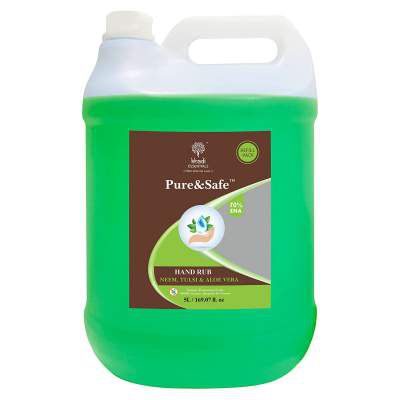 Khadi Essentials Pure&Safe Sanitizer 5 Litre Alcohol Based 70%+ Alcohol Instant Hand Rub Refill Pack with Ethyl Alcohol, Neem, Tulsi & Aloe Vera Extracts with Glycerine