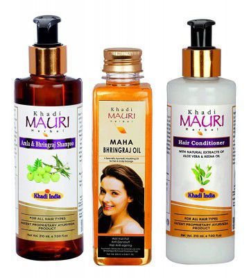 Khadi Mauri Herbal Amla Bhringraj Shampoo + Maha Bhringraj Oil + Hair Conditioner - (Hair Strengthening Combo) Pack of 3