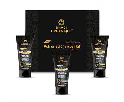 Khadi Organique Activated Bamboo Charcoal Face Wash, Face Scrub & Peel Off Mask Gift & Combo Pack Set Of 3
