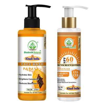 Khadi Sunscreen SPF 60 PA+++ with Papaya Face Wash Combo for Glowing Skin By Bhudevam Naturals | UV Protection Sun Cream + Brightening Papaya Cleanser for Men & Women - Pack Of 2