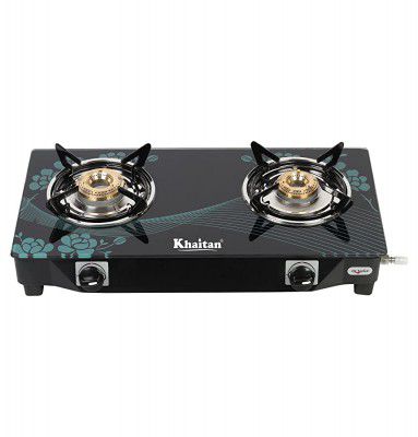 Khaitan 2 Burner BP-Nano Aqua Blue Digital Toughened Glass LPG Cooktop, Manual Ignition Gas Stove