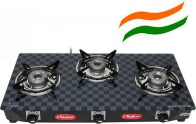 Khaitan 3 Burner Chetak Forged Toughened Glass Manual Gas Stove 