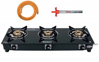 Khaitan Combo - 1 unit Khaitan 3 Burner Jio Tougned Glass Gas Stove + 1 unit HF Kitchen Lighter + 1 unit HF LPG Hose Pipe (1.5 mtr) (1 Burner) (3 Burner)