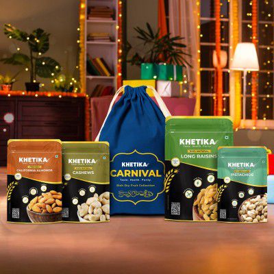 Khetika Premium Royal Mix Dry Fruits Gift Potli 800g | Almonds, Cashews, Raisins & Pistachios | Perfect for Festive Gifting
