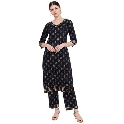 Khushal K Womens Rayon Foil Print Kurta With Palazzo Set (Blue)