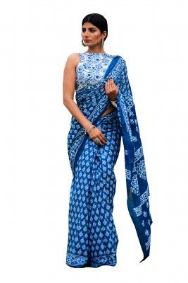 Kiaaron Women's Ikat Hand Block Print Jaipuri Cotton Mulmul Saree with Blouse Piece