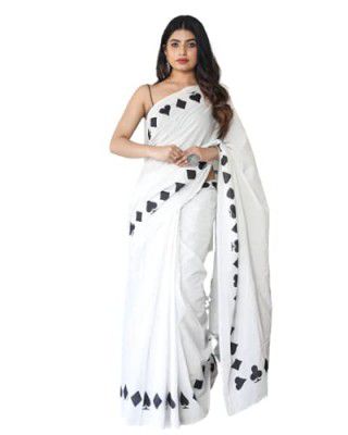 Kiaaron Women's Ikat Hand Block Print Jaipuri Cotton Mulmul Saree with Blouse Piece