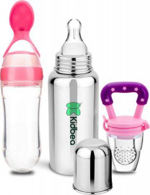 KIdbea Stainless Steel Bottle, Silicone Food and Fruit feeder BPA Free - 250 ml  (Pink)