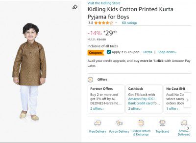 Kidling Kids Cotton Printed Kurta Pyjama for Boys