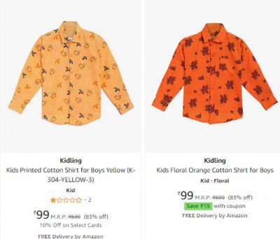 Kidling Kids Printed Cotton Shirt for Boys starts ₹84 + Apply Coupon