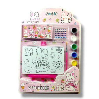 Kidorado - Stationery Set for Girls and Boys| Kids Return Gift- 5In 1 Cartoon SchoolItems for Kids- Water Colours, Brush, Canvas, Fun and Art Decoration Stickers| Birthday GiftIdea (Bunny), Multicolor