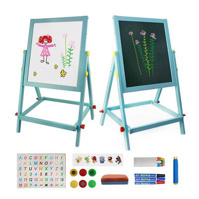Kids Easel Wooden Double-Sided Whiteboard & Blackboard with Magnetic Letters Numbers and Other Accessories