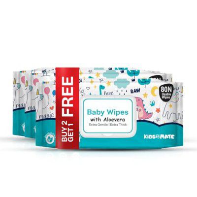 Kidsmate Gentle Care Baby Wipes | Soft & Thick Wet Wipes for Babies | Alcohol & Soap-Free (80 Count, Pack of 3)
