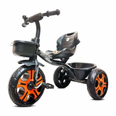 Kidsmate Ninja Plug N Play Durable Kids/Baby Tricycle, Storage Basket, Cushion Seat and Seat Belt for 12 Months to 48 Months Boys/Girls/Carrying Capacity Upto 30 Kgs (Black-Orange)