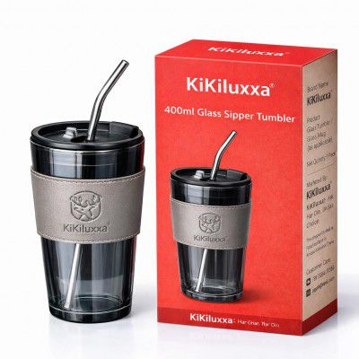 KiKiluxxa Glass Coffee Sipper Mugs with Lid & Straw Pack of 1, 400ml Multipurpose Drinking Glasses Tumbler 