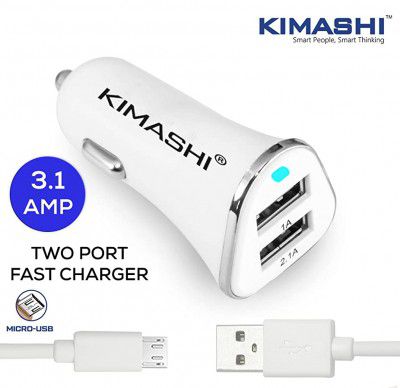 Kimashi KIM312U-A Dual USB Port Car Charger with Micro USB Data Cable (White)