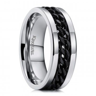 King Will Black/Blue Stainless Steel 8mm Rings for Men Center Chain Spinner Ring, Size 7-14
