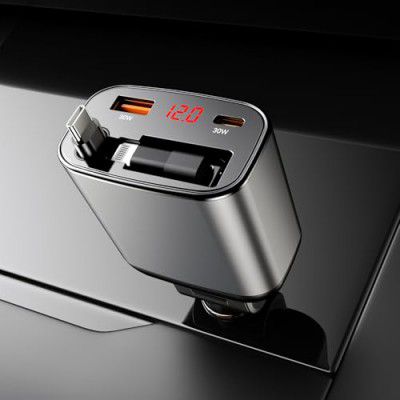 KINGONE Retractable Car Charger, Super Fast Car Charger Type C 105W Total [45W + Dural 30W PD] Compatible with iPhone, Galaxy, Xiaomi, Laptop, Charger Socket for Almost Cars, Sliver