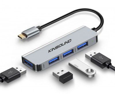 Kinsound Type C USB Hub, 4 in 1 USB C Hub, USB C to 4 Ports USB A 3.0 Adapter, Super High Speed Data Transfer Slim Aluminum Body for Laptop, MacBook, Windows PC, Tablets, Type-C Mobile Devices