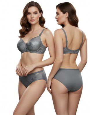 Kinzie Elegant Floral Jacquard Lingerie Set, Grey Brown Maroon Bra and Brief