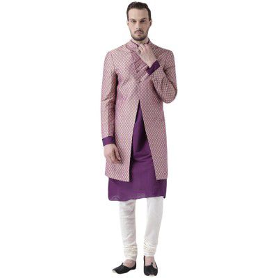 KISAH Men's Printed Indowestern Sherwani Set Indo-Western Cotton Blend Woven Design Full Sleaves, Knee Length, Straight, Regular Fit, Mandarin Collar Ethnic wear