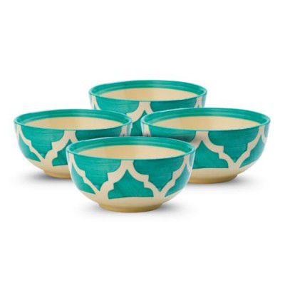 KitchEase Moroccan Print Green Ceramic Bowl Set of 4, (200ml Each)