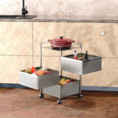 Kitchenstory Storage Rack | 360° Revolving Vegetable Kitchen Rack (Silver, 3 Layer)