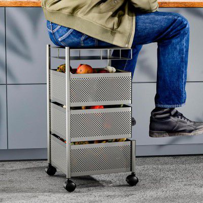 Kitchenstory Storage Rack | 360° Revolving Vegetable Metal Storage Rack (Silver, 3 Layer)